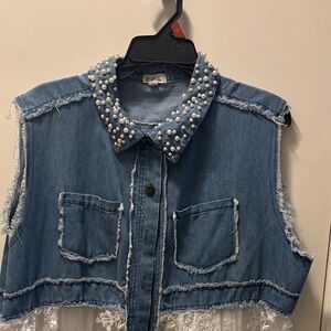 Denim Vest with Pearl Collar
